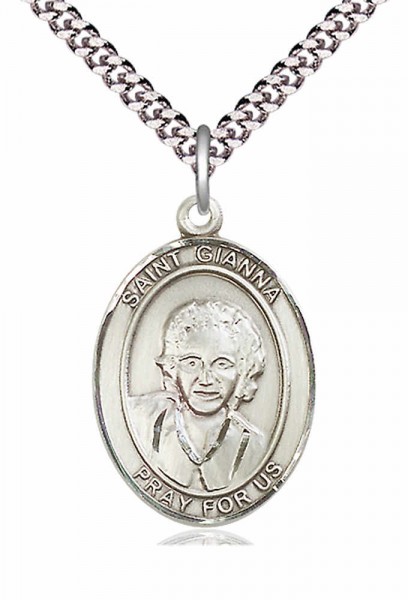 Men's Pewter Oval St. Gianna Medal - 24&quot; 2.4mm Rhodium Plate Chain + Clasp