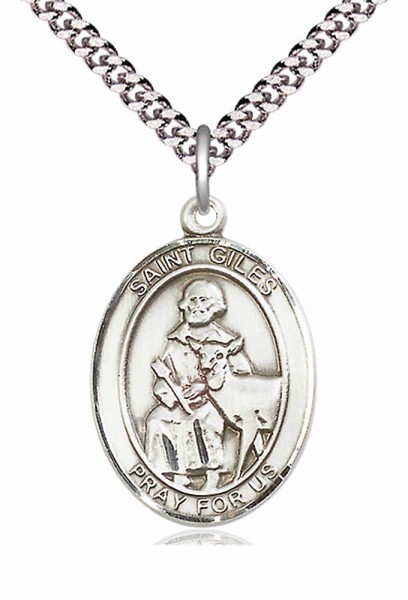 Men's Pewter Oval St. Giles Medal - 24&quot; 2.4mm Rhodium Plate Chain + Clasp