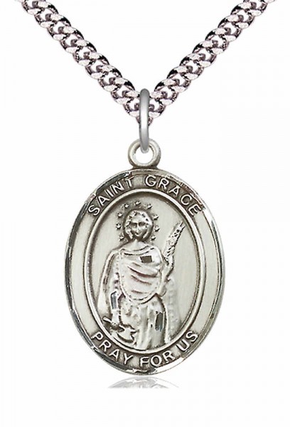 Men's Pewter Oval St. Grace Medal - 20&quot; Rhodium Plate Chain + Clasp