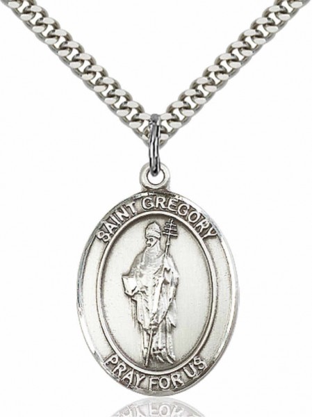 Men's Pewter Oval St. Gregory the Great Medal - 24&quot; 2.4mm Rhodium Plate Endless Chain