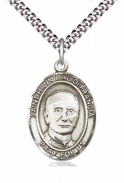 Men's Pewter Oval St. Hannibal Medal - 24&quot; 2.4mm Rhodium Plate Chain + Clasp