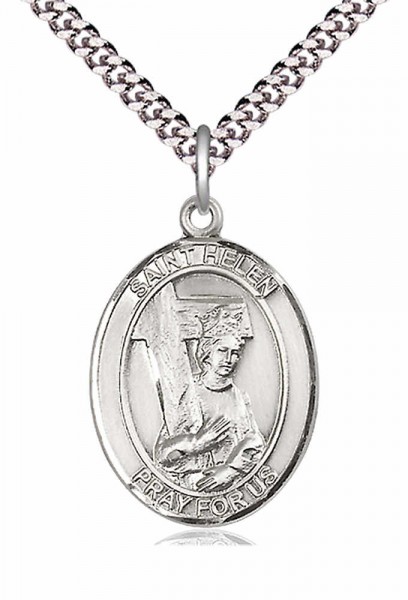 Men's Pewter Oval St. Helen Medal - 24&quot; 2.4mm Rhodium Plate Chain + Clasp