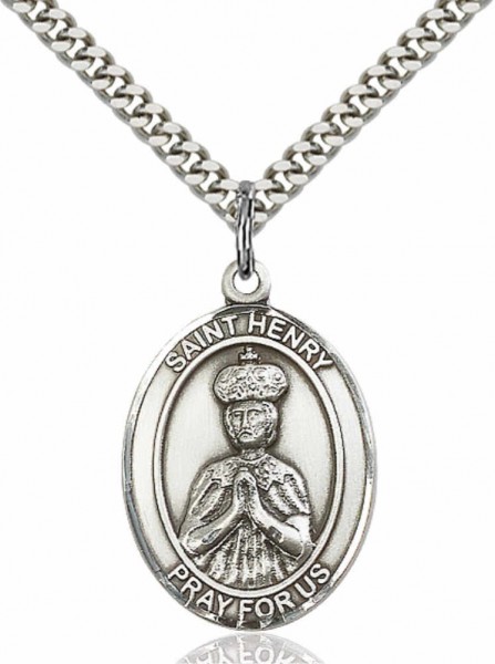 Men's Pewter Oval St. Henry II Medal - 24&quot; 2.4mm Rhodium Plate Chain + Clasp