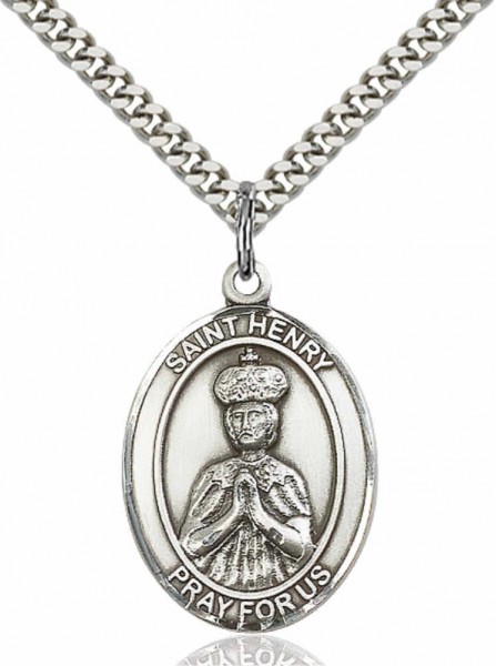 Men's Pewter Oval St. Henry II Medal - 20&quot; Rhodium Plate Chain + Clasp