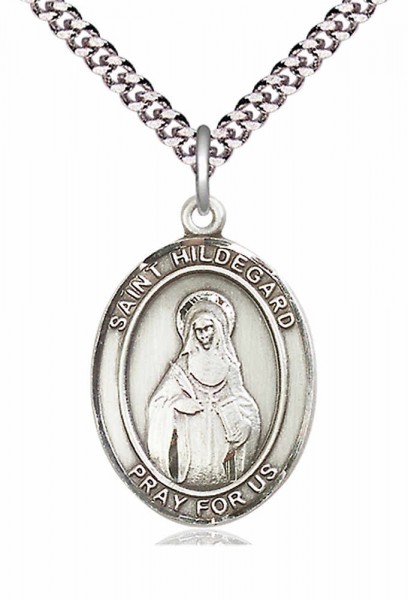 Men's Pewter Oval St. Hildegard Von Bingen Medal - 24&quot; 2.4mm Rhodium Plate Chain + Clasp