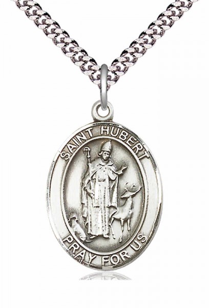 Men's Pewter Oval St. Hubert of Liege Medal - 24&quot; 2.4mm Rhodium Plate Chain + Clasp