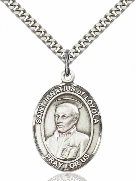 Men's Pewter Oval St. Ignatius of Loyola Medal - 24&quot; 2.4mm Rhodium Plate Chain + Clasp