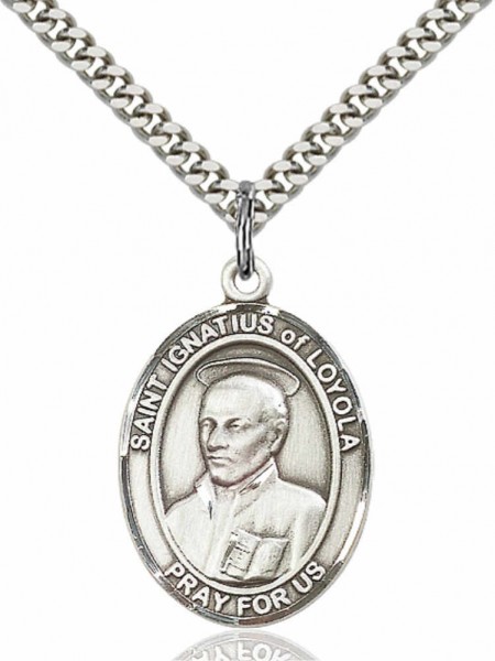 Men's Pewter Oval St. Ignatius of Loyola Medal - 24&quot; 2.4mm Rhodium Plate Endless Chain