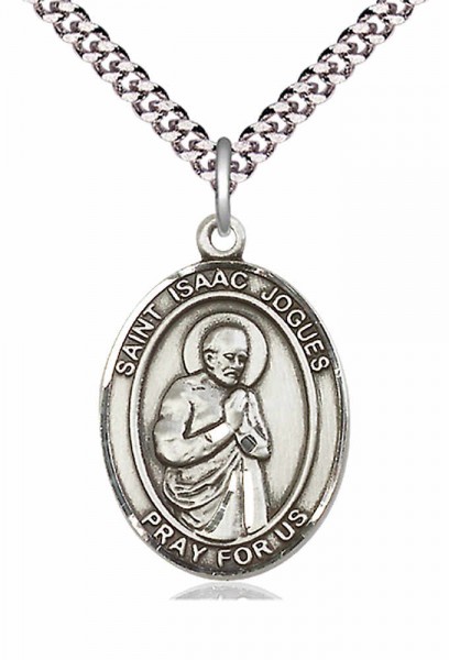 Men's Pewter Oval St. Isaac Jogues Medal - 24&quot; 2.4mm Rhodium Plate Chain + Clasp