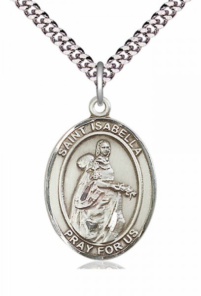 Men's Pewter Oval St. Isabella of Portugal Medal - 24&quot; 2.4mm Rhodium Plate Chain + Clasp