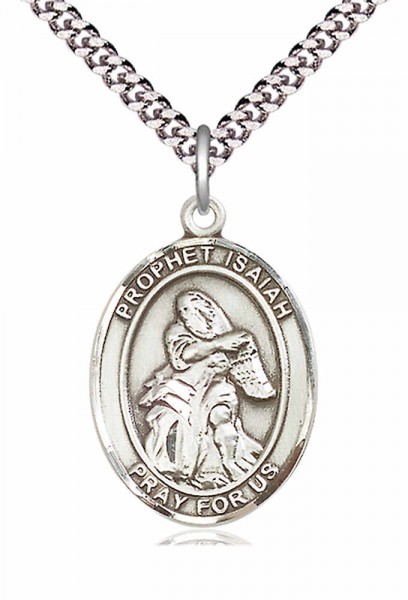 Men's Pewter Oval St. Isaiah Medal - 24&quot; 2.4mm Rhodium Plate Chain + Clasp