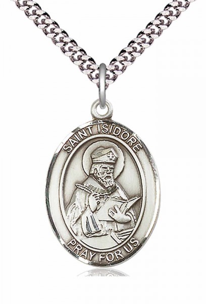 Men's Pewter Oval St. Isidore of Seville Medal - 24&quot; 2.4mm Rhodium Plate Chain + Clasp