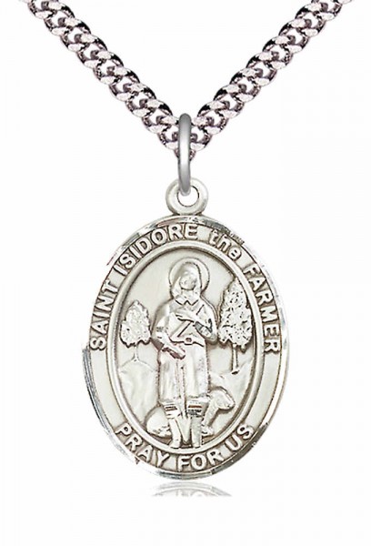 Men's Pewter Oval St. Isidore the Farmer Medal - 24&quot; 2.4mm Rhodium Plate Chain + Clasp