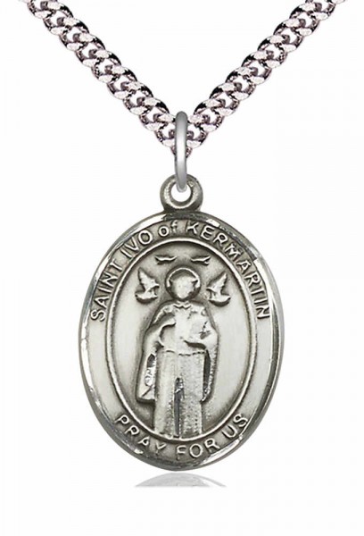 Men's Pewter Oval St. Ivo Medal - 24&quot; 2.4mm Rhodium Plate Chain + Clasp