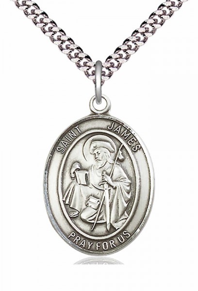 Men's Pewter Oval St. James the Greater Medal - 24&quot; 2.4mm Rhodium Plate Chain + Clasp