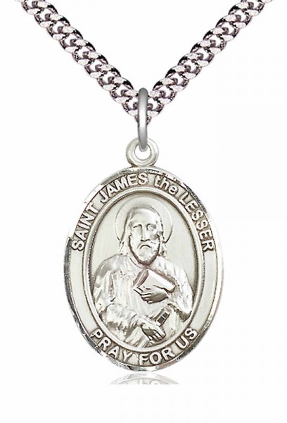 Men's Pewter Oval St. James the Lesser Medal - 24&quot; 2.4mm Rhodium Plate Chain + Clasp