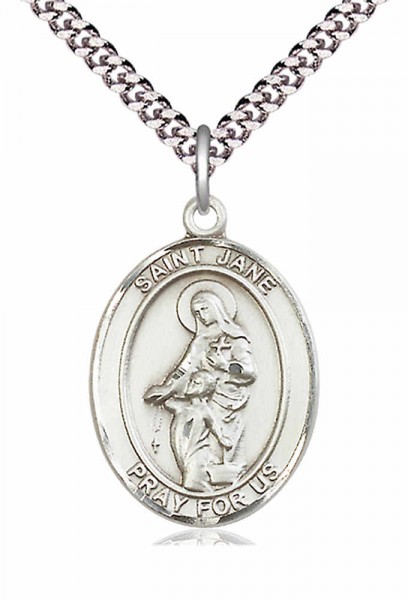 Men's Pewter Oval St. Jane of Valois Medal - 24&quot; 2.4mm Rhodium Plate Chain + Clasp