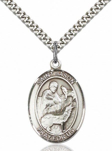 Men's Pewter Oval St. Jason Medal - 24&quot; 2.4mm Rhodium Plate Chain + Clasp