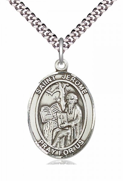 Men's Pewter Oval St. Jerome Medal - 24&quot; 2.4mm Rhodium Plate Chain + Clasp