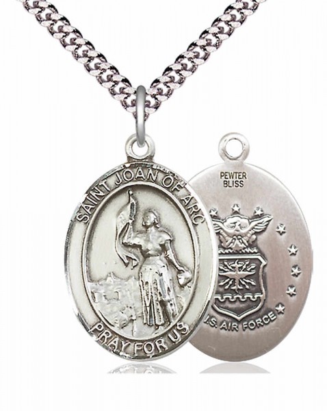 Men's Pewter Oval St. Joan of Arc Air Force Medal - 24&quot; 2.4mm Rhodium Plate Chain + Clasp