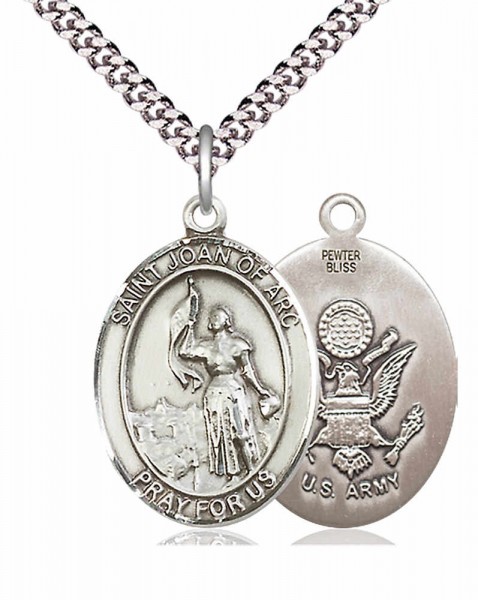 Men's Pewter Oval St. Joan of Arc Army Medal - 24&quot; 2.4mm Rhodium Plate Chain + Clasp