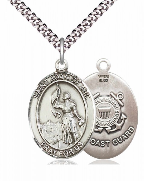 Men's Pewter Oval St. Joan of Arc  Coast Guard Medal - 24&quot; 2.4mm Rhodium Plate Chain + Clasp