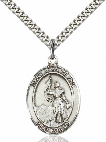 Men's Pewter Oval St. Joan of Arc Medal - 20&quot; Rhodium Plate Chain + Clasp