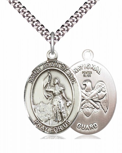 Men's Pewter Oval St. Joan of Arc National Guard Medal - 24&quot; 2.4mm Rhodium Plate Chain + Clasp