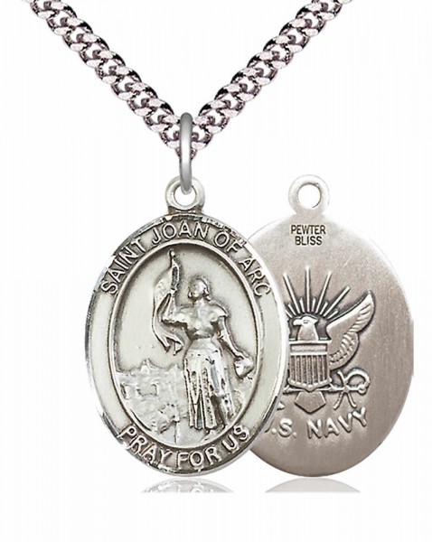 Men's Pewter Oval St. Joan of Arc Navy Medal - 24&quot; 2.4mm Rhodium Plate Chain + Clasp