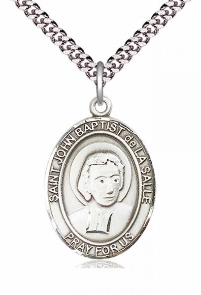 Men's Pewter Oval St. John Baptist De La Salle Medal - 24&quot; 2.4mm Rhodium Plate Chain + Clasp