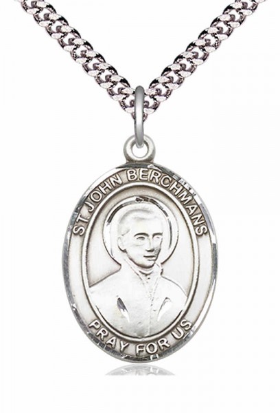 Men's Pewter Oval St. John Berchmans Medal - 24&quot; 2.4mm Rhodium Plate Chain + Clasp