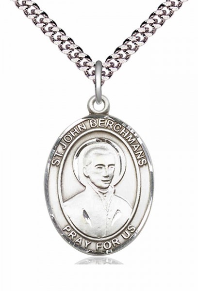 Men's Pewter Oval St. John Berchmans Medal - 24&quot; 2.4mm Rhodium Plate Endless Chain