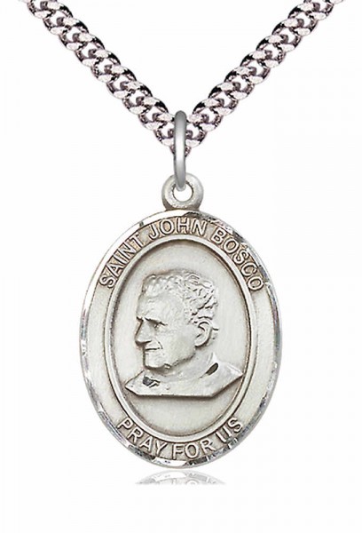 Men's Pewter Oval St. John Bosco Medal - 24&quot; 2.4mm Rhodium Plate Endless Chain