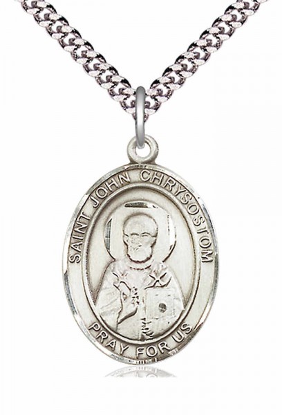 Men's Pewter Oval St. John Chrysostom Medal - 24&quot; 2.4mm Rhodium Plate Chain + Clasp