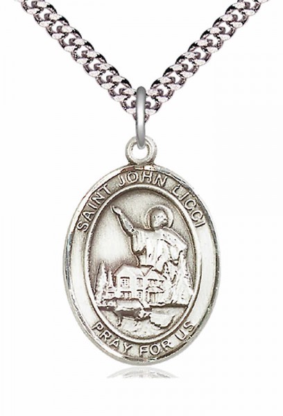 Men's Pewter Oval St. John Licci Medal - 24&quot; 2.4mm Rhodium Plate Chain + Clasp