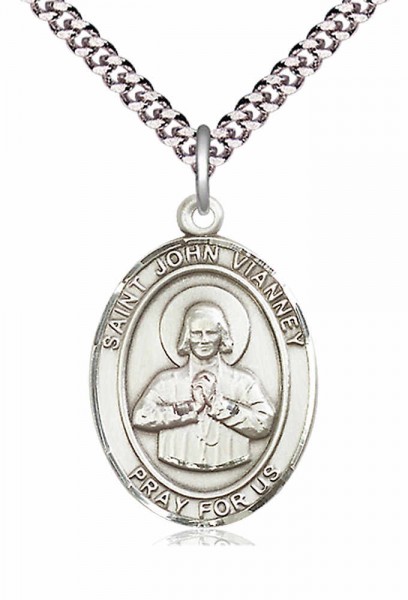 Men's Pewter Oval St. John Vianney Medal - 24&quot; 2.4mm Rhodium Plate Endless Chain