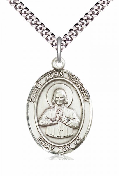 Men's Pewter Oval St. John Vianney Medal - 20&quot; Rhodium Plate Chain + Clasp