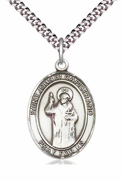 Men's Pewter Oval St. John of Capistrano Medal - 24&quot; 2.4mm Rhodium Plate Chain + Clasp