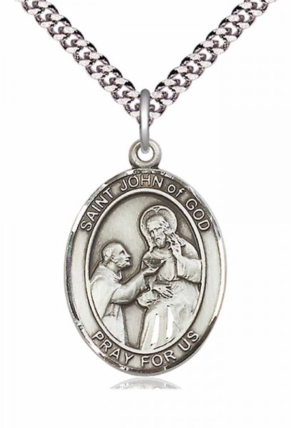 Men's Pewter Oval St. John of God Medal - 24&quot; 2.4mm Rhodium Plate Chain + Clasp