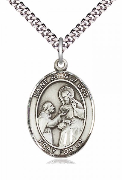 Men's Pewter Oval St. John of God Medal - 24&quot; 2.4mm Rhodium Plate Endless Chain