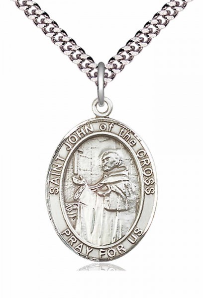 Men's Pewter Oval St. John of the Cross Medal - 24&quot; 2.4mm Rhodium Plate Chain + Clasp