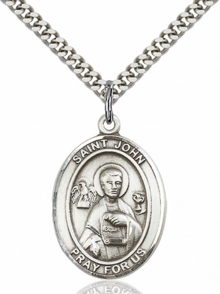 Men's Pewter Oval St. John the Apostle Medal - 24&quot; 2.4mm Rhodium Plate Chain + Clasp