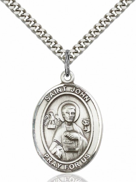 Men's Pewter Oval St. John the Apostle Medal - 20&quot; Rhodium Plate Chain + Clasp