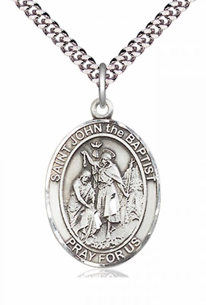 Men's Pewter Oval St. John the Baptist Medal - 24&quot; 2.4mm Rhodium Plate Chain + Clasp