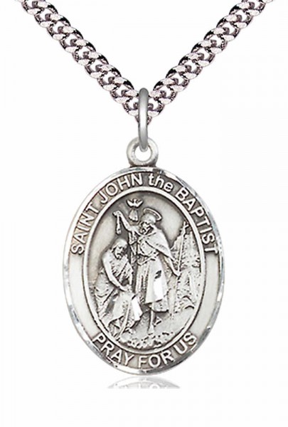 Men's Pewter Oval St. John the Baptist Medal - 20&quot; Rhodium Plate Chain + Clasp