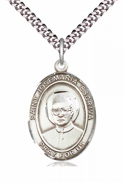 Men's Pewter Oval St. Josemaria Escriva Medal - 24&quot; 2.4mm Rhodium Plate Endless Chain