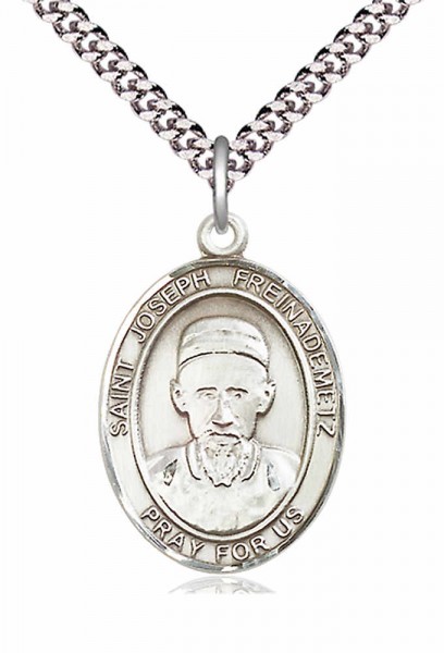 Men's Pewter Oval St. Joseph Freinademetz Medal - 24&quot; 2.4mm Rhodium Plate Chain + Clasp