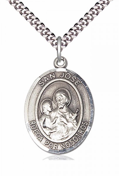 Men's Pewter Oval St. Joseph Medal - 24&quot; 2.4mm Rhodium Plate Endless Chain