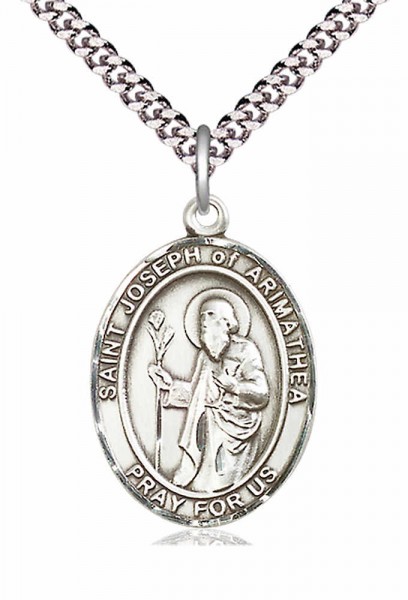Men's Pewter Oval St. Joseph of Arimathea Medal - 24&quot; 2.4mm Rhodium Plate Chain + Clasp