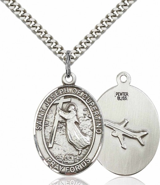 Men's Pewter Oval St. Joseph of Cupertino Medal - 24&quot; 2.4mm Rhodium Plate Chain + Clasp